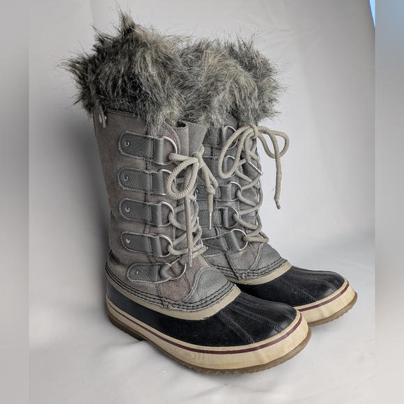 SOREL Women Winter Snow Boots Gray Suede Size 8 Faux Fur Lace Up Waterproof - Picture 1 of 10
